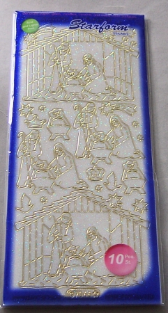 Stickerbogen 10 x 23 cm transparent Weihnachtskrippe Glitter / gold