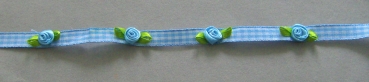 Kleine Satinrosen auf Vichyband 10 mm je Meter hellblau-grün