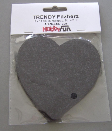 Hobbyfun Filz-Herz 11 x 11 cm dunkelgrau 2 Stück