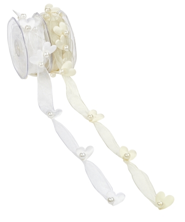 Band Organza mit Herzen 40 mm pro Meter weiss