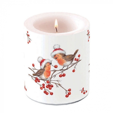 Ambiente Candle Kerze medium Christmas Robins white