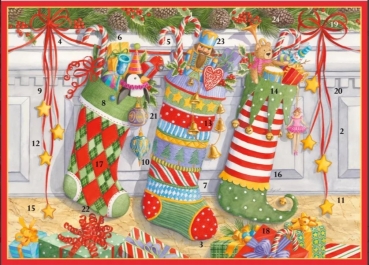 Caspari Adventskalender Karte Stockings on the Mantel