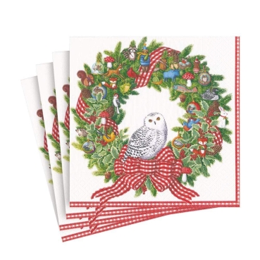 Caspari Lunch Serviette pro Stück Snowy Owl Wreath