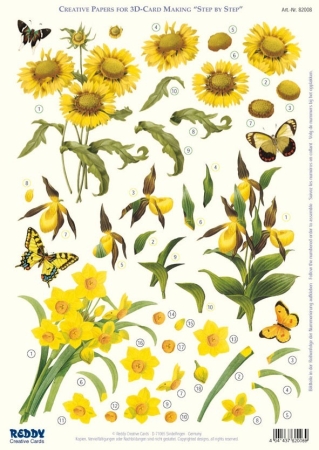 Preview: 3D Stanzbogen Sonnenblumen, Frauenschuh, Narzissen