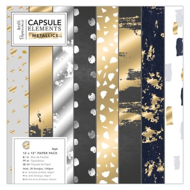 Papermania Capsule Elements Metallic Design Papier Block mit 36 Papieren