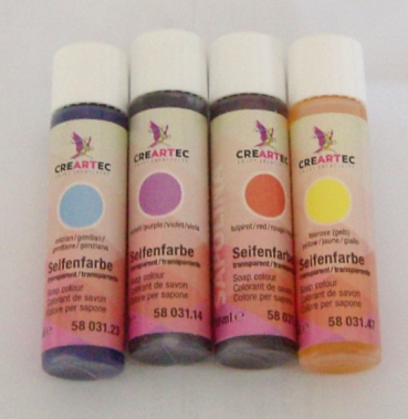 Seifenfarbe transparent 40 ml in rot, blau, violett und gelb