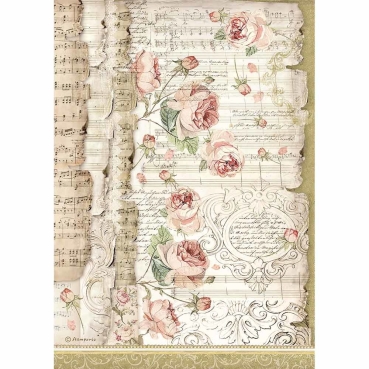Stamperia A4 Rice Paper Reispapier packed Roses and Music