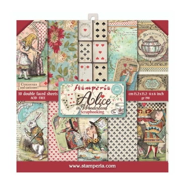Stamperia Extra Small Pad 6 x 6 Inch mit 10 doppelseitig bedruckten Papieren Alice in Wonderland