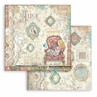 Preview: Stamperia Extra Small Pad 6 x 6 Inch mit 10 doppelseitig bedruckten Papieren Alice through the Looking Glass