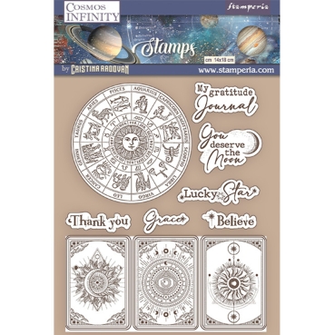 Stamperia Natural Rubber Stamp Cosmos Infinity Zodiac and Cards