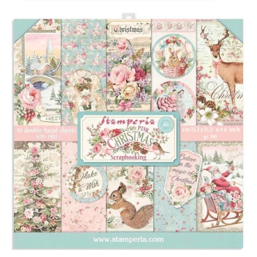 Stamperia Extra Small Pad 6 x 6 Inch mit 10 doppelseitig bedruckten Papieren Pink Christmas