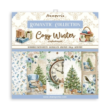Stamperia Small Pad 8 x 8 Inch mit 10 doppelseitig bedruckten Papieren Romantic Cozy Winter
