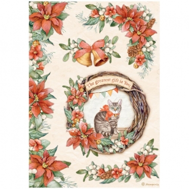 Stamperia Rice Paper Reispapier A4 All Around Christmas Garland with Cat