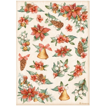 Stamperia Rice Paper Reispapier A4 All Around Christmas Poinsetta and Bells