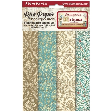 Stamperia Rice Paper Reis Papier A6 Set mit 8 Stück Christmas Greetings