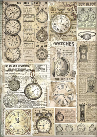 Stamperia A4 Reispapier Rice Paper Brocante Antiques Clocks