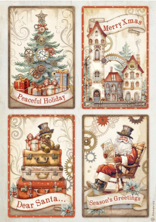 Stamperia A4 Reispapier Rice Paper Gear up for Christmas 4 Cards