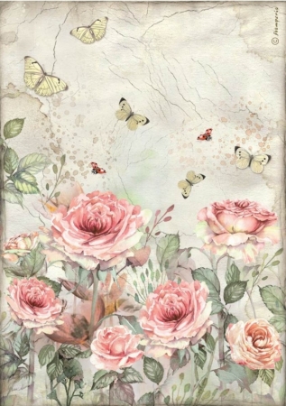 Stamperia A4 Reispapier Rice Paper House of Roses Roses and Butterfly