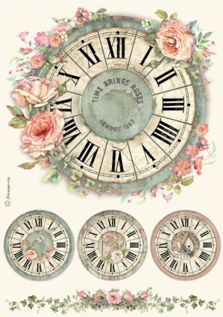 Stamperia A4 Reispapier Rice Paper House of Roses Clock