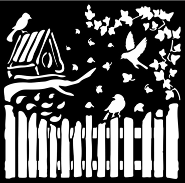 Stamperia Thick Stencil Schablone 18 x 18 cm House of Roses Fence and Birds