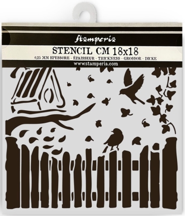Preview: Stamperia Thick Stencil Schablone 18 x 18 cm House of Roses Fence and Birds