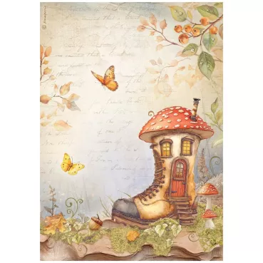 Stamperia A4 Reispapier Rice Paper Whispering Woods Boot House