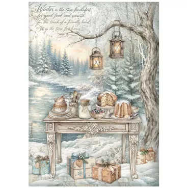 Stamperia Printed A4 Rice Paper for Art and Craft Reispapier White Christmas Festive Table by the Lake