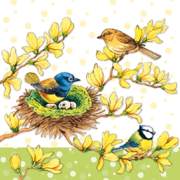 Ambiente Lunch Serviette Birds on Forsythia green pro Stück