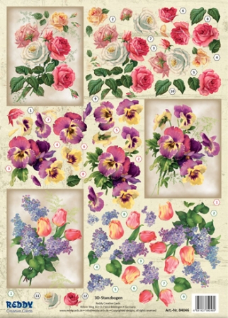 3D Stanzbogen Rosen, Tulpen und und Veilchen