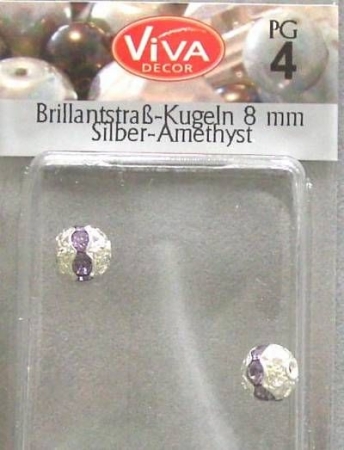 VIVA Brillantstrass Kugeln 8 mm Silber Amethyst 2 Stück