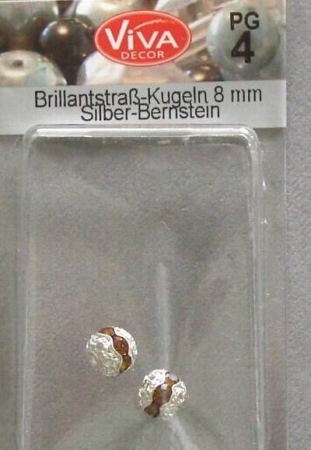 VIVA Brillantstrass Kugeln 8 mm Silber Bernstein 2 Stück