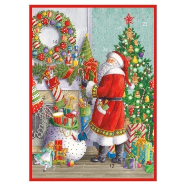 Caspari Adventskalender Karte Santa at the Mantle
