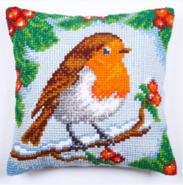 Craft Buddy CSCU2-WROB Cross Stitch Cushion Kit Kreuzstich Sticken Kissen Winter Robin