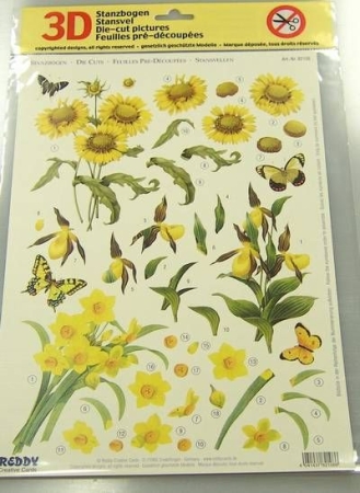 3D Stanzbogen Sonnenblumen, Frauenschuh, Narzissen