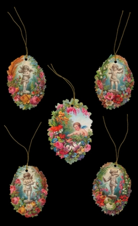 5 Geschenkanhänger mit Kordel Engel mit Blumenkranz