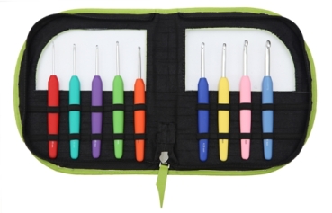 KnitPro Häkelnadel Set Softgriff Aluminium Silber Waves im Lederetui, Grün