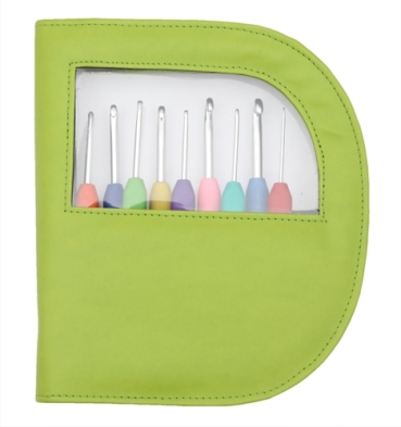 Preview: KnitPro Häkelnadel Set Softgriff Aluminium Silber Waves im Lederetui, Grün