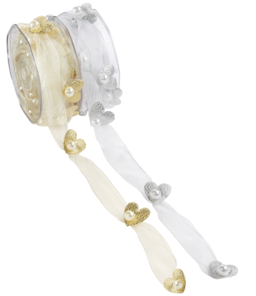 Band Organza mit Herzen 25 mm pro Meter creme-gold