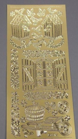 Stickerbogen 10 x 23 cm Schubkarre, Vogelhaus gold