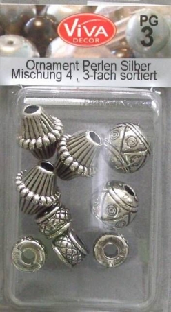 VIVA Decor Ornament Perlen Doppelkegel, Rondell und Kugeln silber