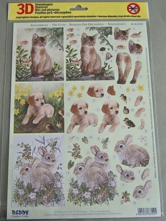 3D Stanzbogen Romantisch Hund, Katze, Häschen