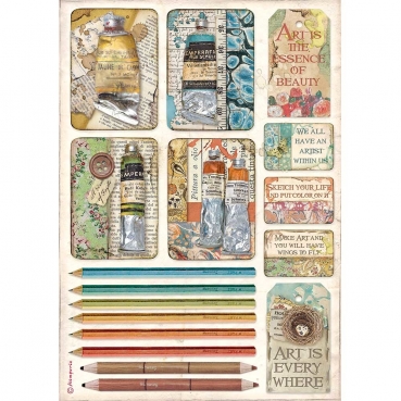 Stamperia A4 Rice Paper Reispapier Atelier Tubes of Paints and Pencils