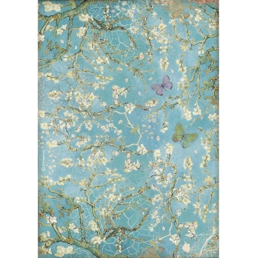 Stamperia A4 Rice Paper Reispapier Atelier Blossom Blue Background with Butterfly