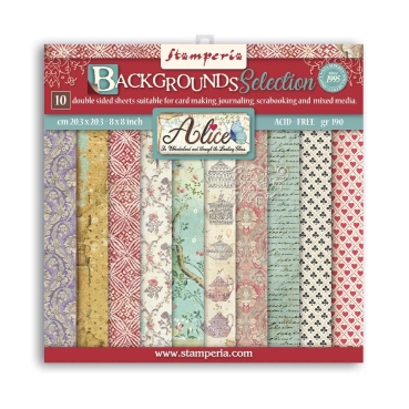 Stamperia 8 x 8 inch Small Paper Pad / 10 Papiere Alice Backgrounds Selection