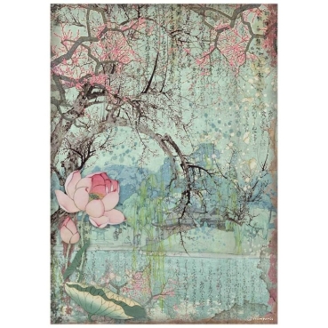 Stamperia A4 Rice Paper Reispapier Sir Vagabond in Japan oriental tree