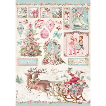 Stamperia A4 Rice Paper Reispapier Pink Christmas Sleigh