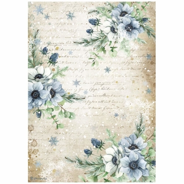 Stamperia A4 Rice Paper Reispapier Romantic Cozy Winter Blue Flowers
