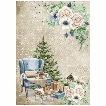 Stamperia A4 Rice Paper Reispapier Romantic Cozy Winter Blue Chair
