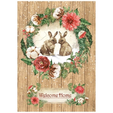 Stamperia A4 Rice Paper Reispapier Romantic Home for the Holidays Welcome Home Bunnies