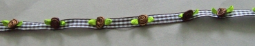 Kleine Satinrosen auf Vichyband 10 mm je Meter braun-grün